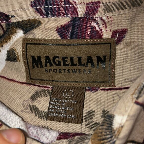 Magellan Mens Large Beige Fish Printed Long Sleeve Button Up Collar Shirt Size L - Picture 9 of 10